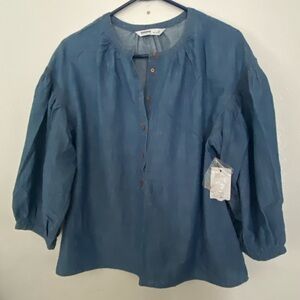 Chic Denim Blue Button-Up Blouse